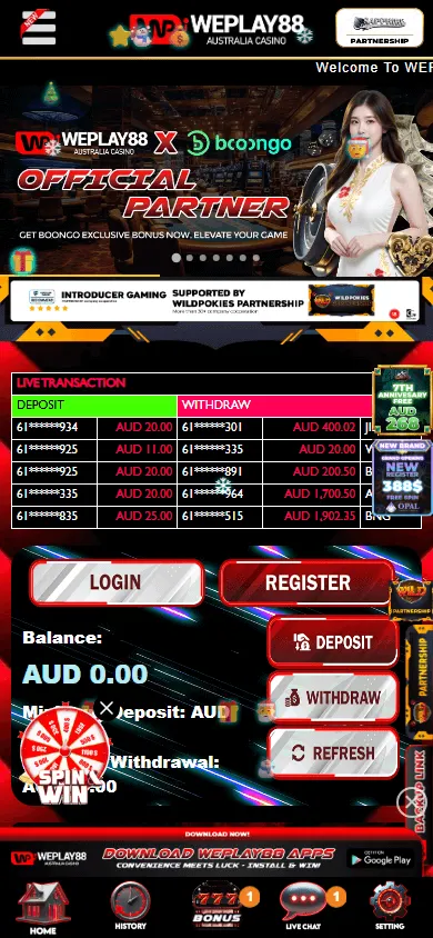 Weplay88 mobile casino home with AUD pokies and account access