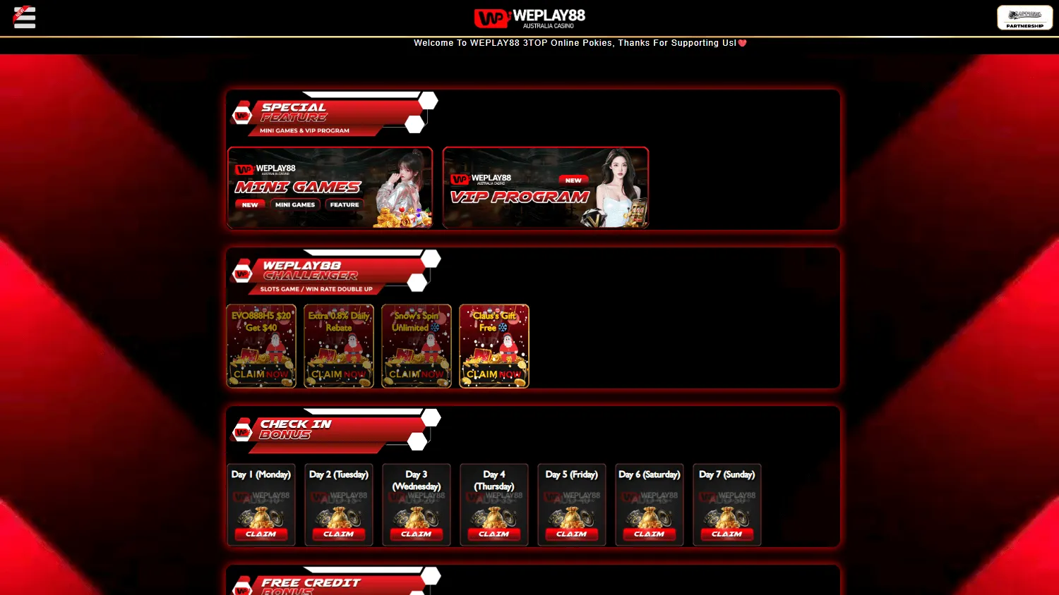 Weplay88 desktop promotions area with the no deposit bonus and promotional features