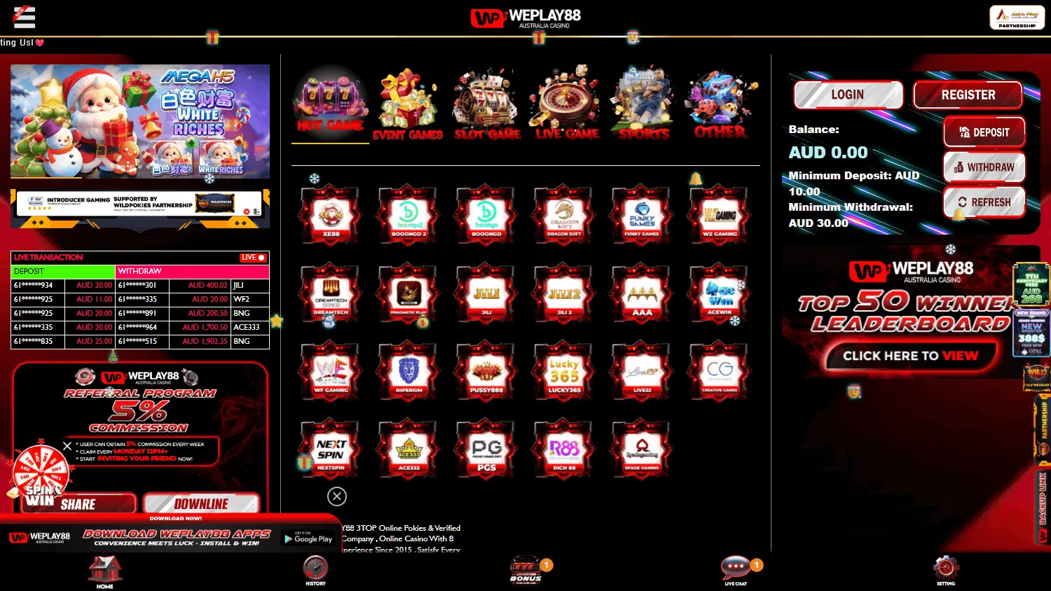 Weplay88 desktop casino home with pokies-focused content for Australian players